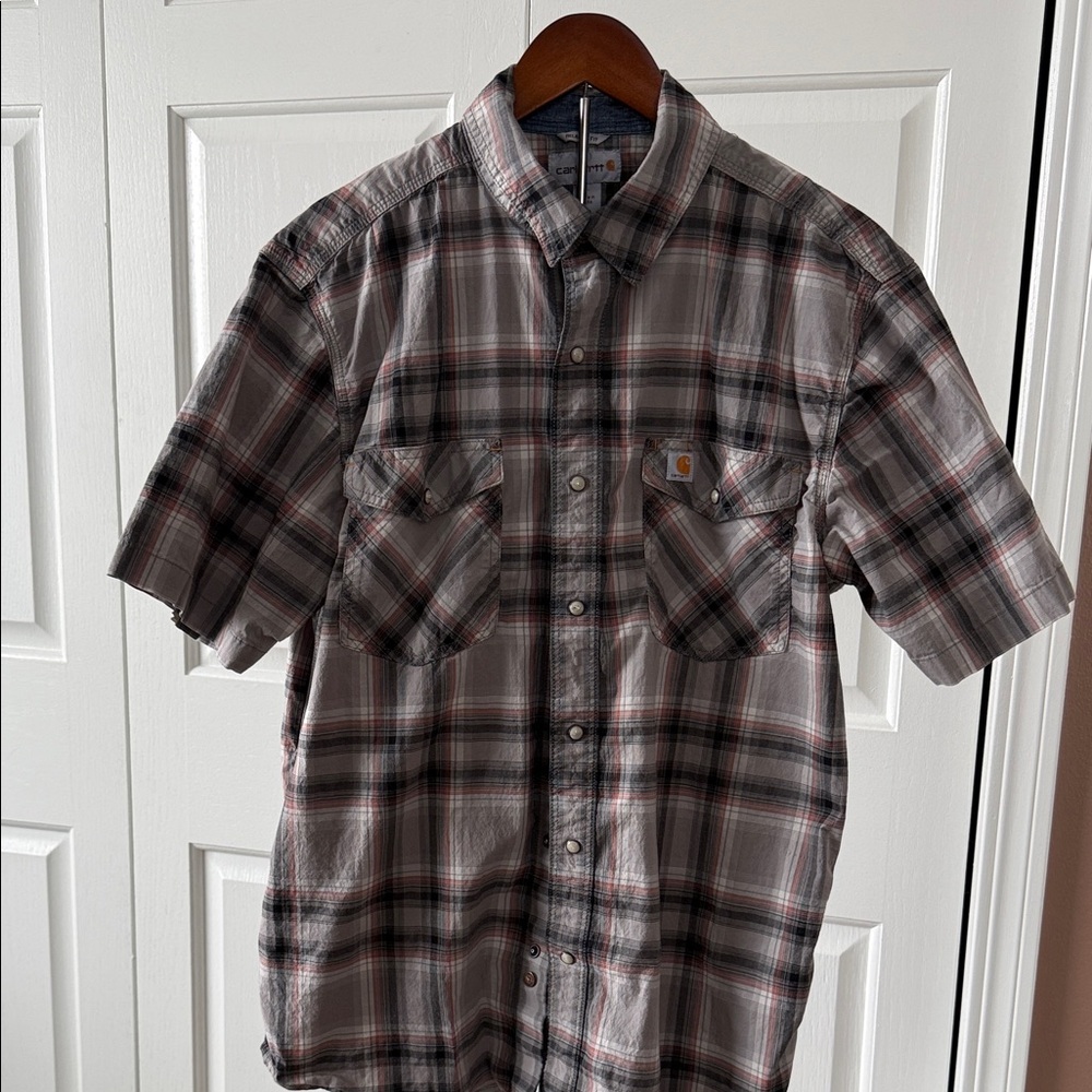 Carhartt Men’s Short-Sleeve Plaid Button-Front Shirt - Gray & Red
